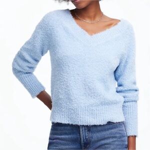 NWOT Madewell Double V-Neck Italian Knit Sweater in City Blue Sz XS Small Hole
